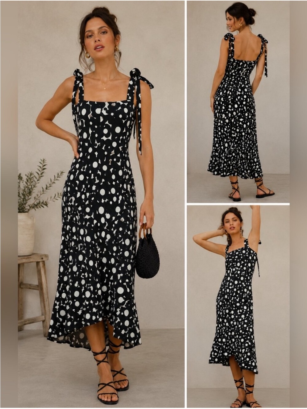 Anthopologie Hutch Flounce Black & White Abstract Polka Dot Midi Dress Size S